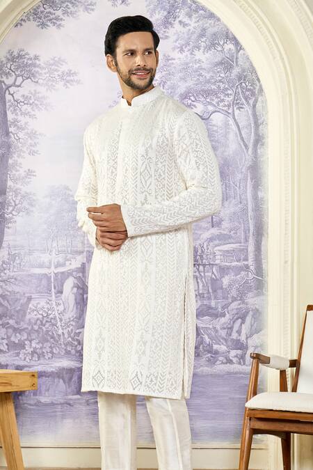 Shop_Kasbah X AZA_White Georgette, Cotton Embroidery Chikankari Thread Kurta Set _Online_at_Aza_Fashions