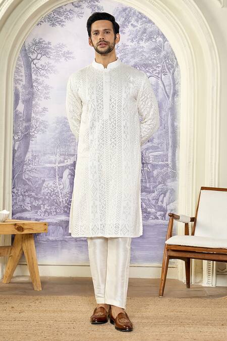 Kasbah X AZA_White Georgette, Cotton Embroidery Chikankari Thread Kurta Set _at_Aza_Fashions
