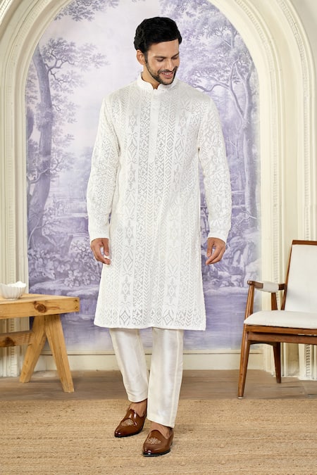 Shop_Kasbah X AZA_White Georgette, Cotton Embroidery Chikankari Thread Kurta Set 