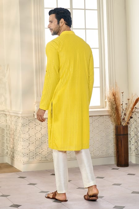 Shop_Kasbah X AZA_Yellow Georgette Applique, Sequins Striped Aari Embroidered Kurta _at_Aza_Fashions