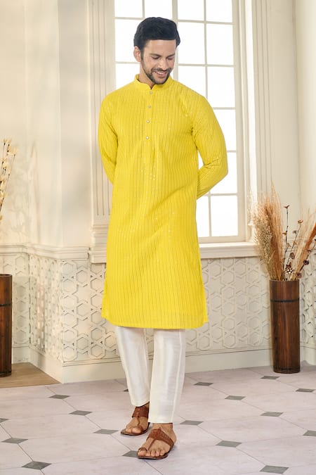 Kasbah X AZA_Yellow Georgette Applique, Sequins Striped Aari Embroidered Kurta _Online_at_Aza_Fashions