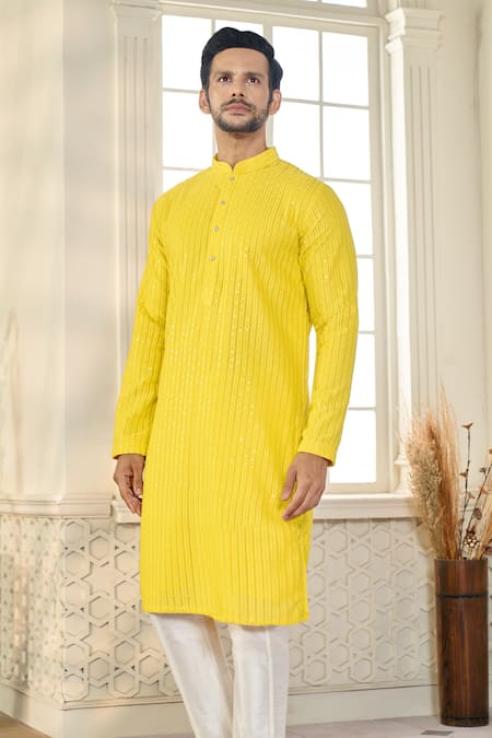 Buy_Kasbah X AZA_Yellow Georgette Applique, Sequins Striped Aari Embroidered Kurta _Online_at_Aza_Fashions