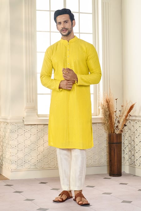 Shop_Kasbah X AZA_Yellow Georgette Applique, Sequins Striped Aari Embroidered Kurta _Online_at_Aza_Fashions