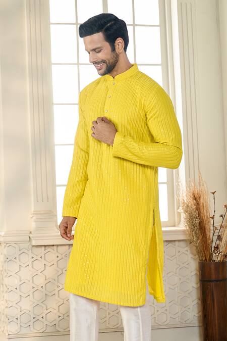 Kasbah X AZA_Yellow Georgette Applique, Sequins Striped Aari Embroidered Kurta _at_Aza_Fashions