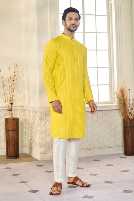 Buy_Kasbah X AZA_Yellow Georgette Applique, Sequins Striped Aari Embroidered Kurta 