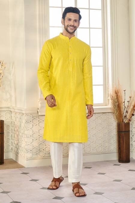 Shop_Kasbah X AZA_Yellow Georgette Applique, Sequins Striped Aari Embroidered Kurta 