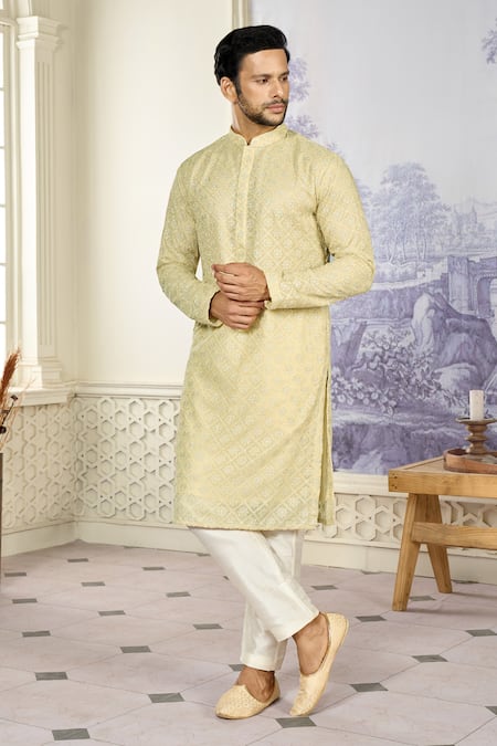 Shop Kasbah X AZA Gold Georgette Embroidery Floral Aari Kurta Set Shop_Kasbah X AZA_Gold Georgette Embroidery Floral Aari Kurta Set