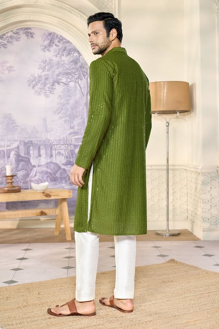 Shop Kasbah X AZA Green Georgette, Cotton Embroidery, Sequins Striped Aari Work Kurta Set at Aza Fashions Shop_Kasbah X AZA_Green Georgette, Cotton Embroidery, Sequins Striped Aari Work Kurta Set _at_Aza_Fashions