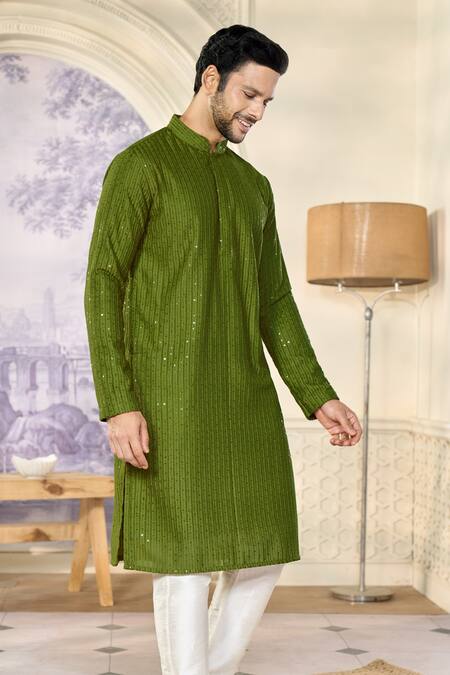 Kasbah X AZA Green Georgette, Cotton Embroidery, Sequins Striped Aari Work Kurta Set Online at Aza Fashions Kasbah X AZA_Green Georgette, Cotton Embroidery, Sequins Striped Aari Work Kurta Set _Online_at_Aza_Fashions