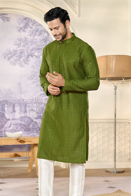 Buy Kasbah X AZA Green Georgette, Cotton Embroidery, Sequins Striped Aari Work Kurta Set Online at Aza Fashions Buy_Kasbah X AZA_Green Georgette, Cotton Embroidery, Sequins Striped Aari Work Kurta Set _Online_at_Aza_Fashions