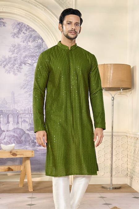 Shop Kasbah X AZA Green Georgette, Cotton Embroidery, Sequins Striped Aari Work Kurta Set Online at Aza Fashions Shop_Kasbah X AZA_Green Georgette, Cotton Embroidery, Sequins Striped Aari Work Kurta Set _Online_at_Aza_Fashions