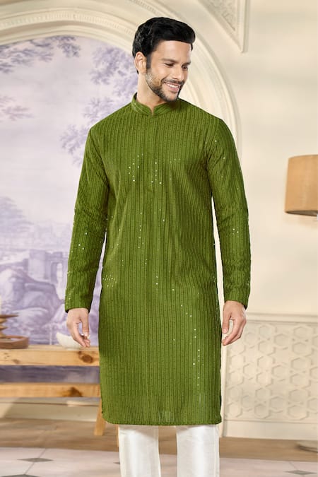 Kasbah X AZA Green Georgette, Cotton Embroidery, Sequins Striped Aari Work Kurta Set at Aza Fashions Kasbah X AZA_Green Georgette, Cotton Embroidery, Sequins Striped Aari Work Kurta Set _at_Aza_Fashions