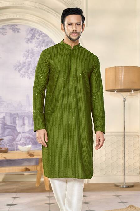 Buy Kasbah X AZA Green Georgette, Cotton Embroidery, Sequins Striped Aari Work Kurta Set Buy_Kasbah X AZA_Green Georgette, Cotton Embroidery, Sequins Striped Aari Work Kurta Set
