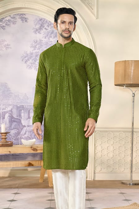 Shop Kasbah X AZA Green Georgette, Cotton Embroidery, Sequins Striped Aari Work Kurta Set Shop_Kasbah X AZA_Green Georgette, Cotton Embroidery, Sequins Striped Aari Work Kurta Set