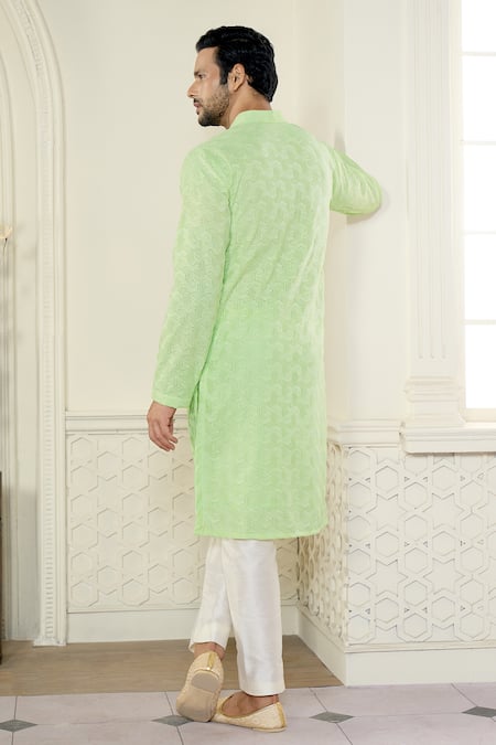 Shop_Kasbah X AZA_Green Georgette Embroidery Geometric Chikankari Thread Work Kurta Set _at_Aza_Fashions