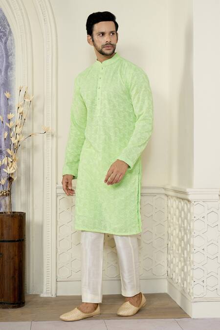 Kasbah X AZA_Green Georgette Embroidery Geometric Chikankari Thread Work Kurta Set _Online_at_Aza_Fashions
