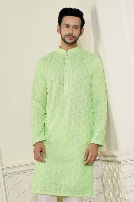 Buy_Kasbah X AZA_Green Georgette Embroidery Geometric Chikankari Thread Work Kurta Set _Online_at_Aza_Fashions