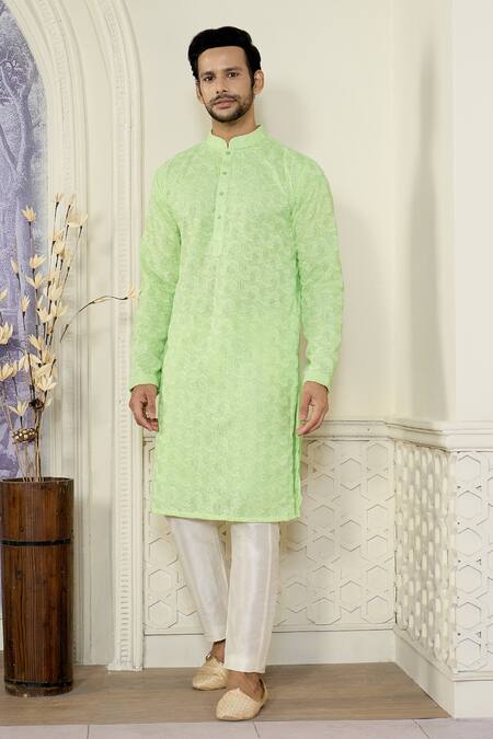 Kasbah X AZA_Green Georgette Embroidery Geometric Chikankari Thread Work Kurta Set _at_Aza_Fashions