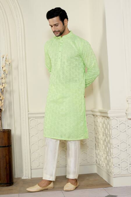 Buy_Kasbah X AZA_Green Georgette Embroidery Geometric Chikankari Thread Work Kurta Set 