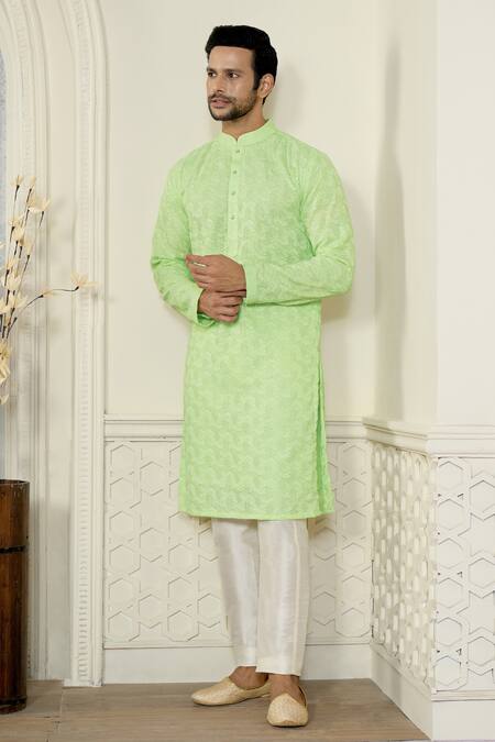 Shop_Kasbah X AZA_Green Georgette Embroidery Geometric Chikankari Thread Work Kurta Set 