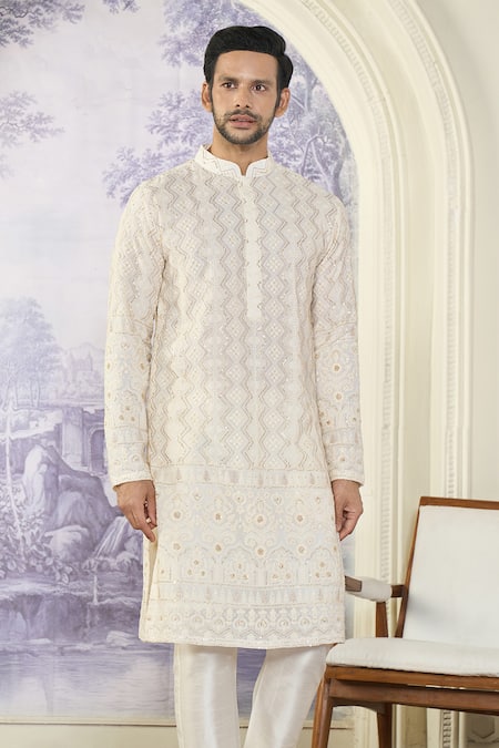 Kasbah X AZA_White Georgette, Cotton Sequins Chikankari Thread And Work Kurta Set _Online_at_Aza_Fashions