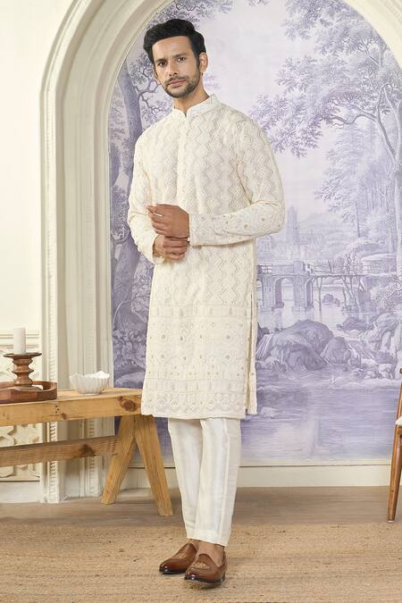 Shop_Kasbah X AZA_White Georgette, Cotton Sequins Chikankari Thread And Work Kurta Set _Online_at_Aza_Fashions