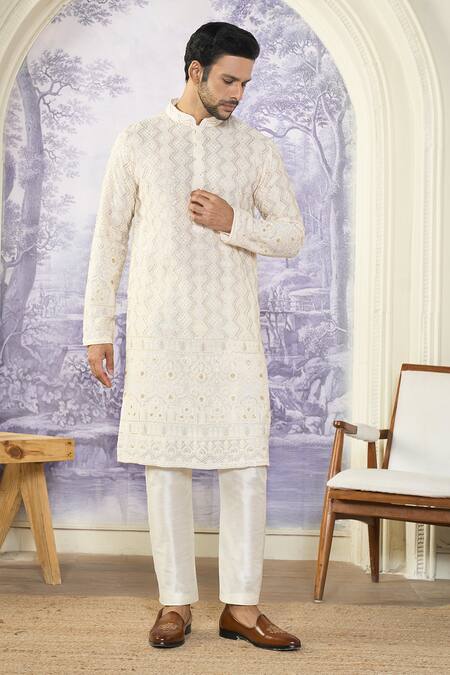 Kasbah X AZA_White Georgette, Cotton Sequins Chikankari Thread And Work Kurta Set _at_Aza_Fashions