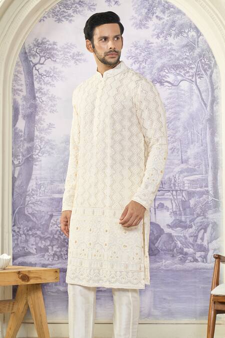 Buy_Kasbah X AZA_White Georgette, Cotton Sequins Chikankari Thread And Work Kurta Set 