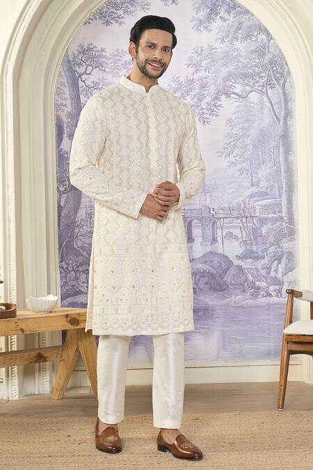 Shop_Kasbah X AZA_White Georgette, Cotton Sequins Chikankari Thread And Work Kurta Set 
