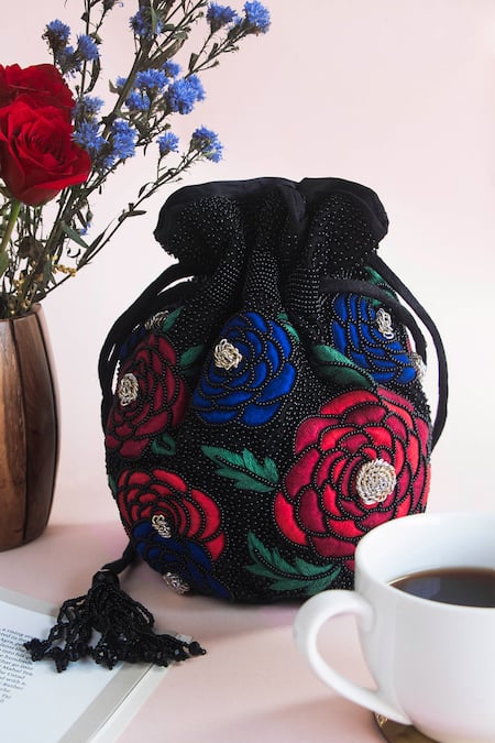 The Pink Potli Black Beads Rosette Embroidered Potli Bag