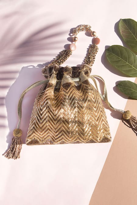 The Pink Potli Gold Nalki Sequin Chevron Embellished Potli Bag 