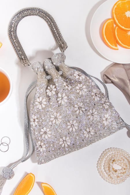 The Pink Potli Silver Pearls Starburst Bloom Embellished Potli Bag