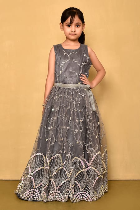 Samyukta Singhania Grey Satin Embroidered Sequin Flared Dress With Overlay 