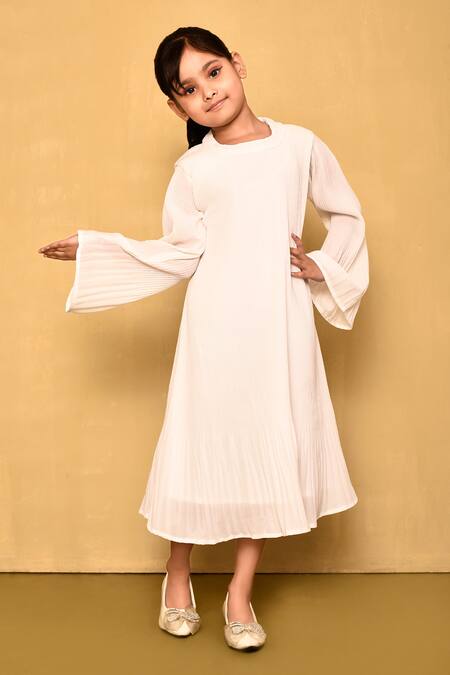 Buy White Georgette With Lining Accordion Pleated Midi Dress For Girls ...