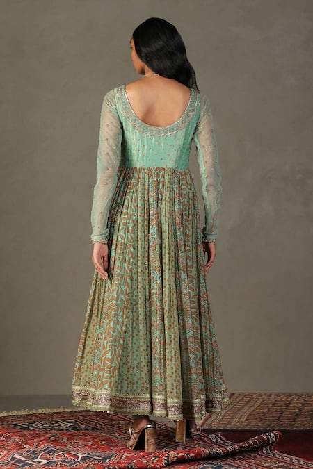 Shop RI.Ritu Kumar Green Anarkali Shell - 60% Silk Print Floral Scoop Neck Roshafi Embroidered Set at Aza Fashions Shop_RI.Ritu Kumar_Green Anarkali Shell - 60% Silk Print Floral Scoop Neck Roshafi Embroidered Set_at_Aza_Fashions