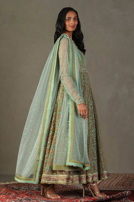 Buy RI.Ritu Kumar Green Anarkali Shell - 60% Silk Print Floral Scoop Neck Roshafi Embroidered Set Online at Aza Fashions Buy_RI.Ritu Kumar_Green Anarkali Shell - 60% Silk Print Floral Scoop Neck Roshafi Embroidered Set_Online_at_Aza_Fashions