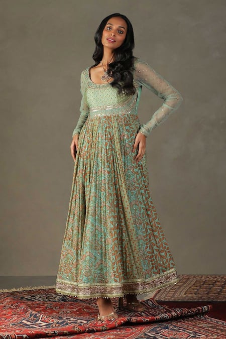 RI.Ritu Kumar Green Anarkali Shell - 60% Silk Print Floral Scoop Neck Roshafi Embroidered Set at Aza Fashions RI.Ritu Kumar_Green Anarkali Shell - 60% Silk Print Floral Scoop Neck Roshafi Embroidered Set_at_Aza_Fashions