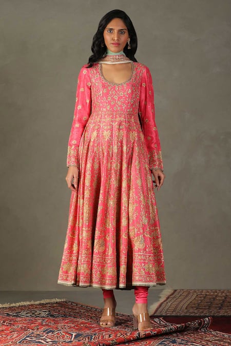 Buy Pink Anarkali Shell - 100% Silk Avena And Aari Embroidered Churidar ...