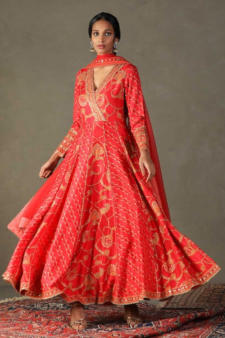 RI.Ritu Kumar Red Anarkali Shell - 100% Silk Print Paisley V Rukmini Embroidered Palazzo Set 