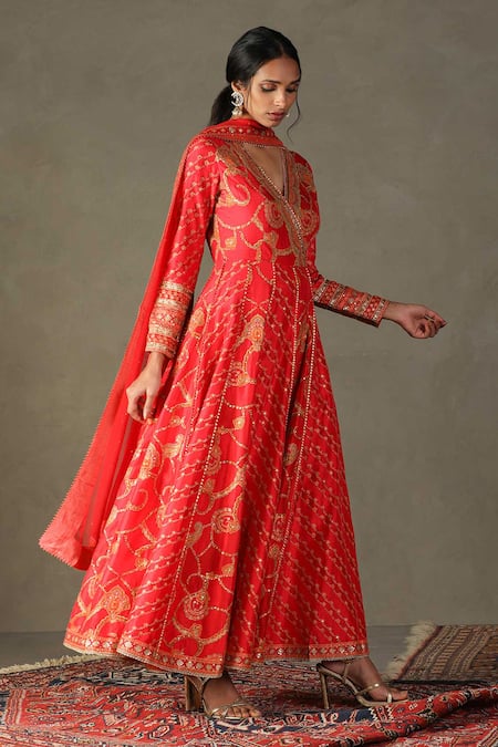 RI.Ritu Kumar Red Anarkali Shell - 100% Silk Print Paisley V Rukmini Embroidered Palazzo Set Online at Aza Fashions RI.Ritu Kumar_Red Anarkali Shell - 100% Silk Print Paisley V Rukmini Embroidered Palazzo Set_Online_at_Aza_Fashions