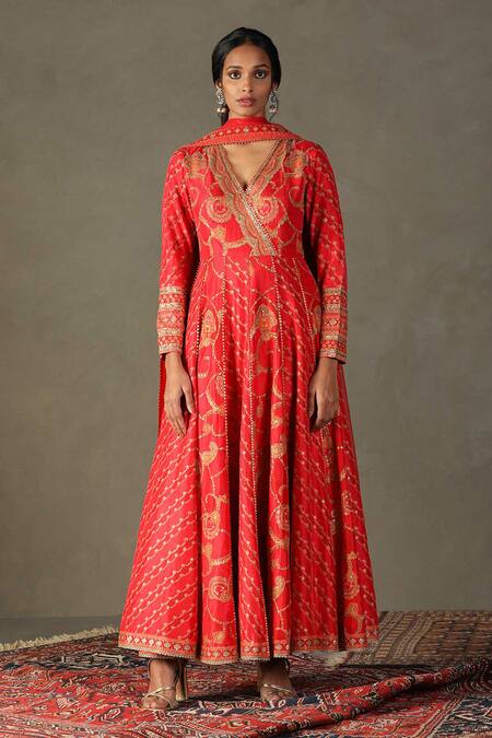Buy RI.Ritu Kumar Red Anarkali Shell - 100% Silk Print Paisley V Rukmini Embroidered Palazzo Set Online at Aza Fashions Buy_RI.Ritu Kumar_Red Anarkali Shell - 100% Silk Print Paisley V Rukmini Embroidered Palazzo Set_Online_at_Aza_Fashions