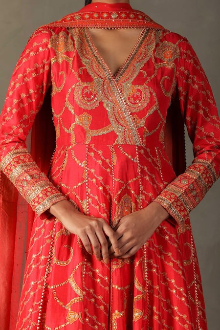 Shop RI.Ritu Kumar Red Anarkali Shell - 100% Silk Print Paisley V Rukmini Embroidered Palazzo Set Online at Aza Fashions Shop_RI.Ritu Kumar_Red Anarkali Shell - 100% Silk Print Paisley V Rukmini Embroidered Palazzo Set_Online_at_Aza_Fashions
