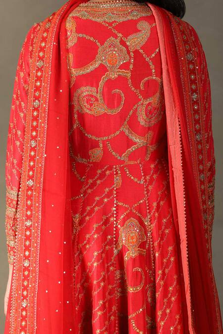 RI.Ritu Kumar Red Anarkali Shell - 100% Silk Print Paisley V Rukmini Embroidered Palazzo Set at Aza Fashions RI.Ritu Kumar_Red Anarkali Shell - 100% Silk Print Paisley V Rukmini Embroidered Palazzo Set_at_Aza_Fashions