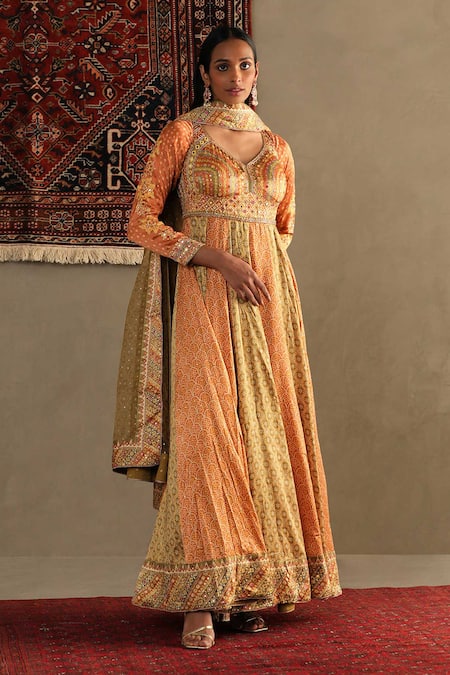 RI.Ritu Kumar Orange Anarkali Shell -100% Silk Print Bandhani V Neck Two Tone Churidar Set 