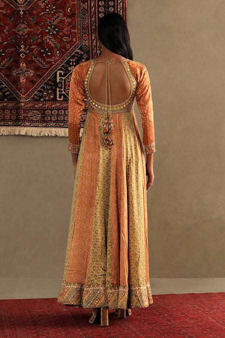 Shop RI.Ritu Kumar Orange Anarkali Shell -100% Silk Print Bandhani V Neck Two Tone Churidar Set at Aza Fashions Shop_RI.Ritu Kumar_Orange Anarkali Shell -100% Silk Print Bandhani V Neck Two Tone Churidar Set_at_Aza_Fashions