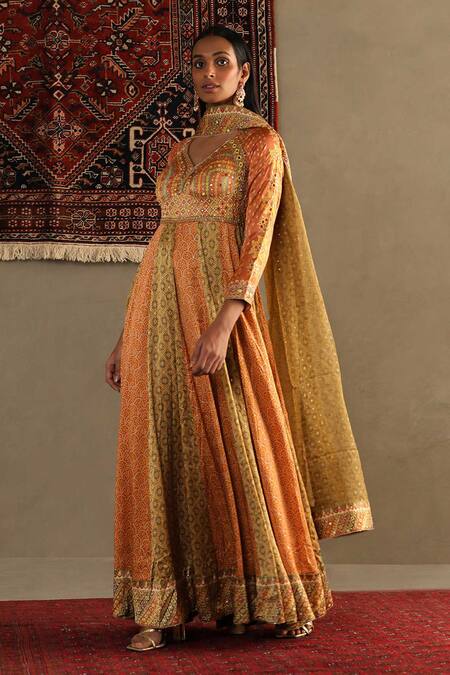 RI.Ritu Kumar Orange Anarkali Shell -100% Silk Print Bandhani V Neck Two Tone Churidar Set Online at Aza Fashions RI.Ritu Kumar_Orange Anarkali Shell -100% Silk Print Bandhani V Neck Two Tone Churidar Set_Online_at_Aza_Fashions