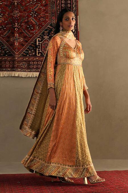 Buy RI.Ritu Kumar Orange Anarkali Shell -100% Silk Print Bandhani V Neck Two Tone Churidar Set Online at Aza Fashions Buy_RI.Ritu Kumar_Orange Anarkali Shell -100% Silk Print Bandhani V Neck Two Tone Churidar Set_Online_at_Aza_Fashions
