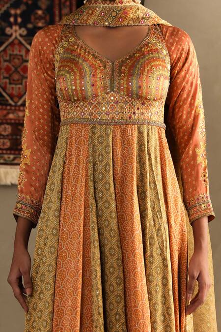 Shop RI.Ritu Kumar Orange Anarkali Shell -100% Silk Print Bandhani V Neck Two Tone Churidar Set Online at Aza Fashions Shop_RI.Ritu Kumar_Orange Anarkali Shell -100% Silk Print Bandhani V Neck Two Tone Churidar Set_Online_at_Aza_Fashions