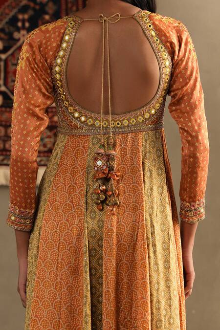 RI.Ritu Kumar Orange Anarkali Shell -100% Silk Print Bandhani V Neck Two Tone Churidar Set at Aza Fashions RI.Ritu Kumar_Orange Anarkali Shell -100% Silk Print Bandhani V Neck Two Tone Churidar Set_at_Aza_Fashions