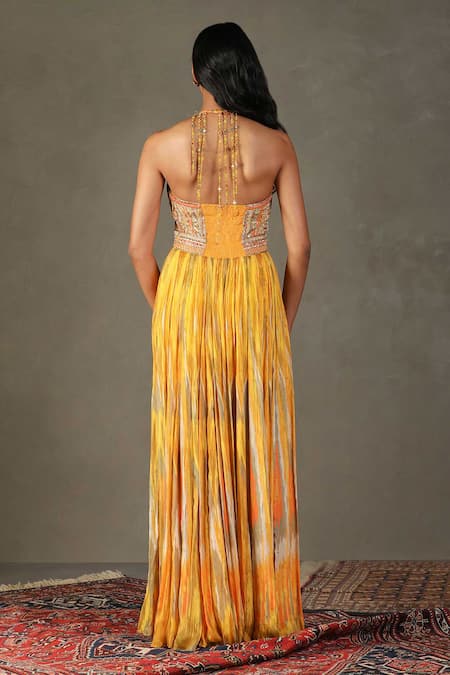 Shop RI.Ritu Kumar Yellow Shell Fabric - 100% Viscose Print Inika Embroidered Bodice Dress at Aza Fashions Shop_RI.Ritu Kumar_Yellow Shell Fabric - 100% Viscose Print Inika Embroidered Bodice Dress _at_Aza_Fashions